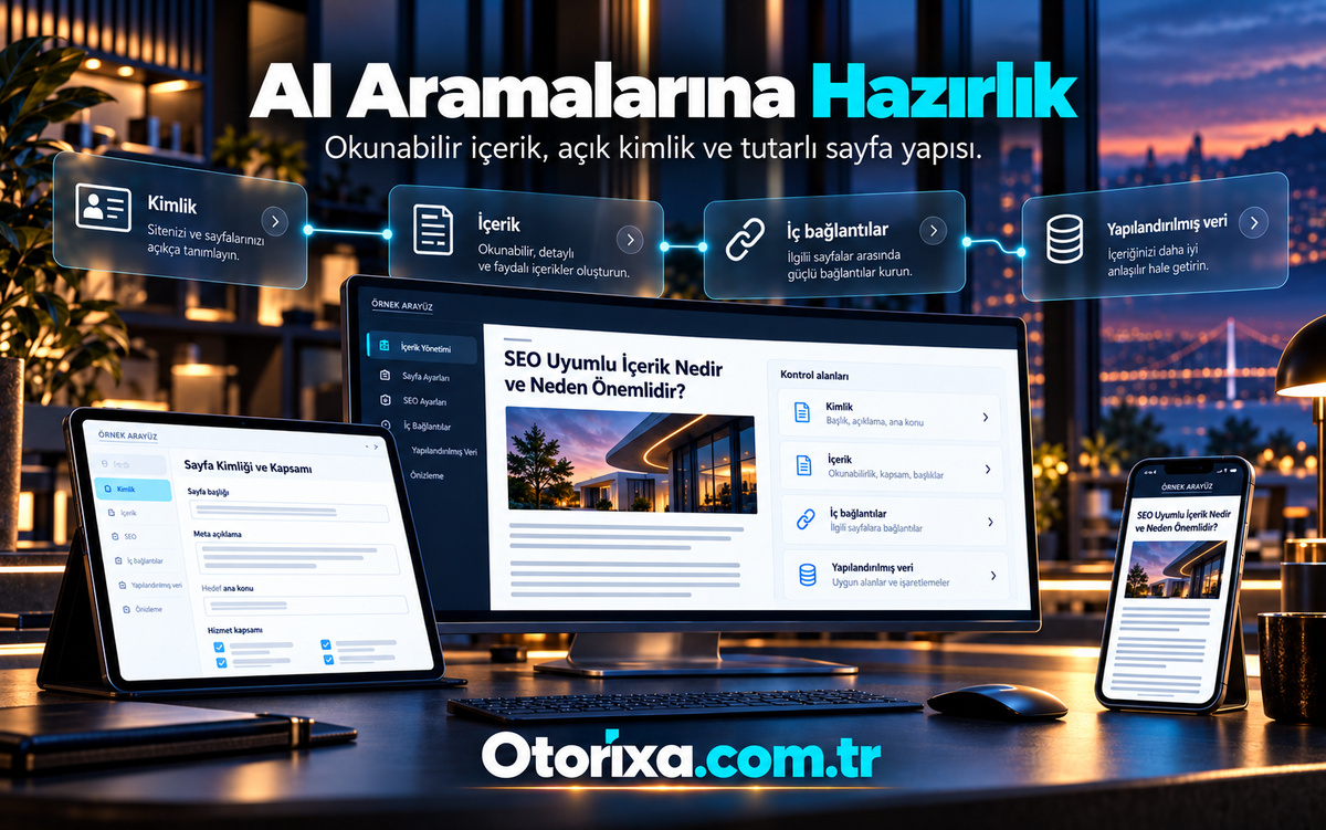 AI aramalarına teknik hazırlık Kimlik, içerik, iç bağlantılar ve yapılandırılmış veri kartlarının altında makale sayfası ve sayfa kimliği düzenleme ekranları.