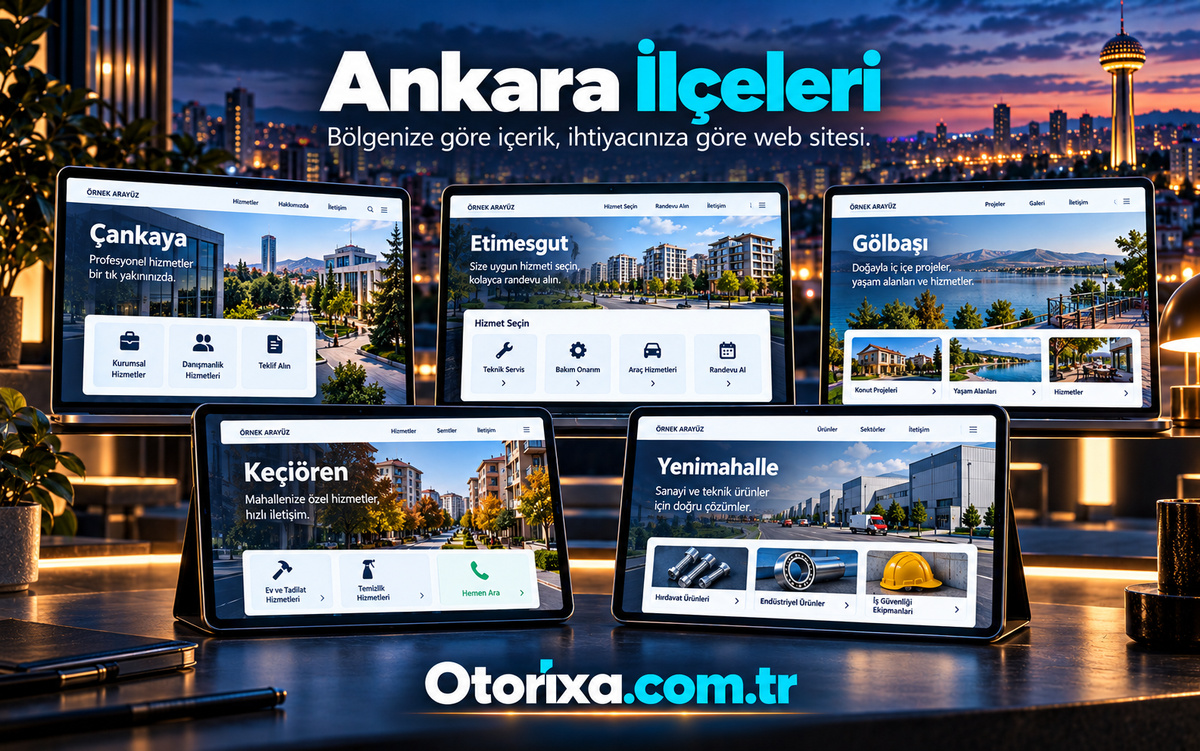 Ankara ilçeleri için web ve SEO hizmet rehberi Ankara şehir manzarası önünde Çankaya, Etimesgut, Gölbaşı, Keçiören ve Yenimahalle için beş web sayfası sunumu.