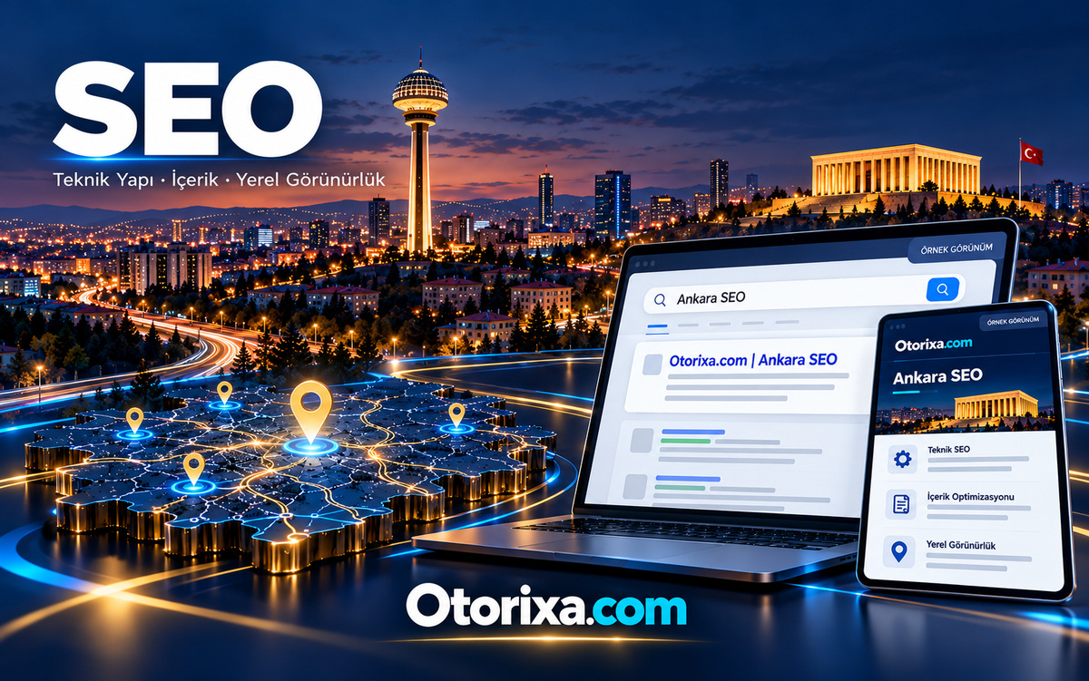 Ankara SEO danışmanlığı ve teknik site analizi Atakule ve Anıtkabir önünde örnek Ankara SEO arama sonucu, harita işaretleri ve teknik SEO ekranı.