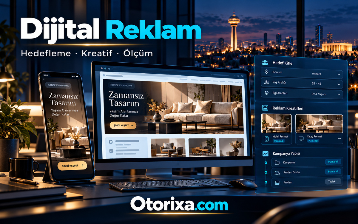 Mobilya ürünleri için masaüstü ve mobil reklam tasarımları ile hedef kitle ve kampanya taslağı ekranları.