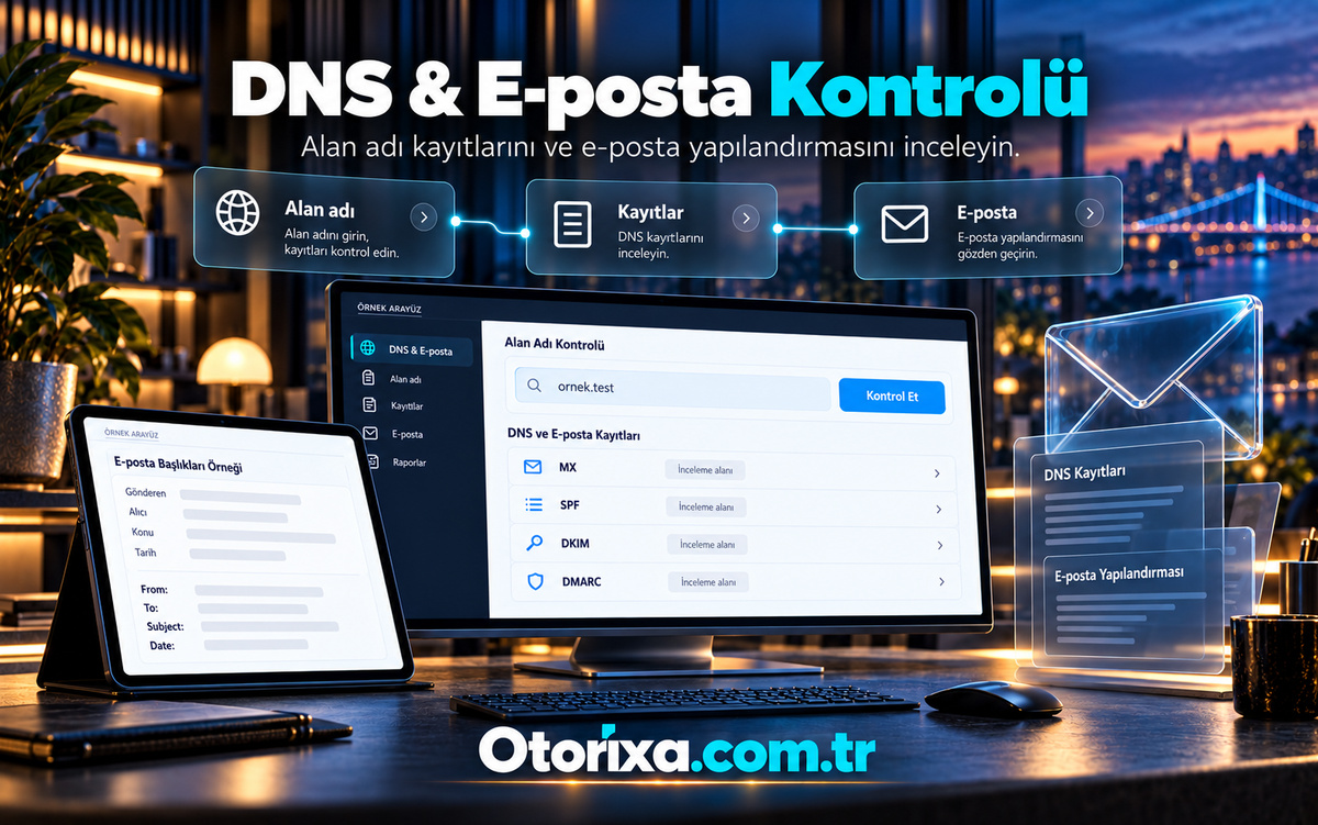 Örnek alan adı için MX, SPF, DKIM ve DMARC inceleme satırları, e-posta başlıkları ekranı ve saydam zarf simgesi.