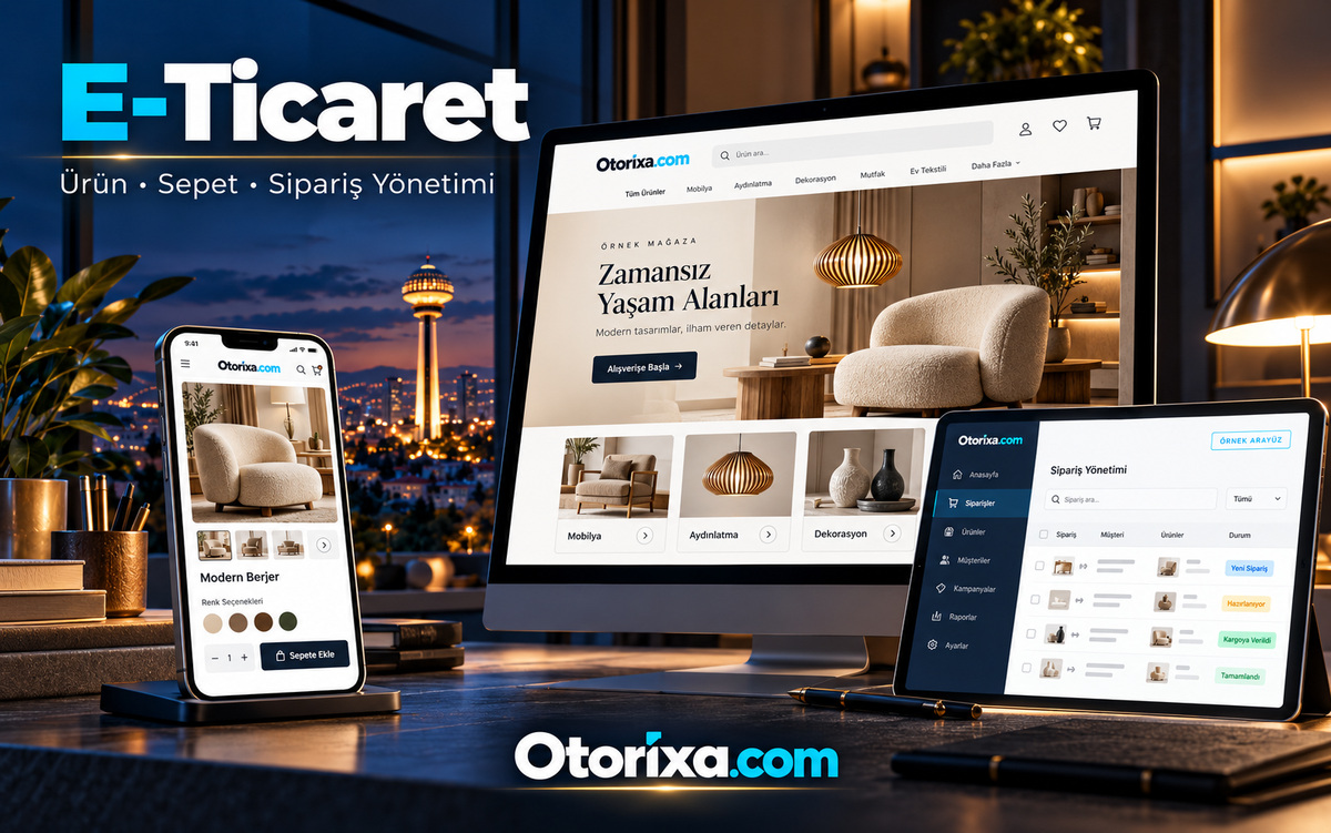 E-ticaret sitesi tasarımı ve sipariş yönetimi Örnek mobilya e-ticaret sitesinin ürün kataloğu, mobil ürün seçenekleri ve sipariş yönetimi ekranı.