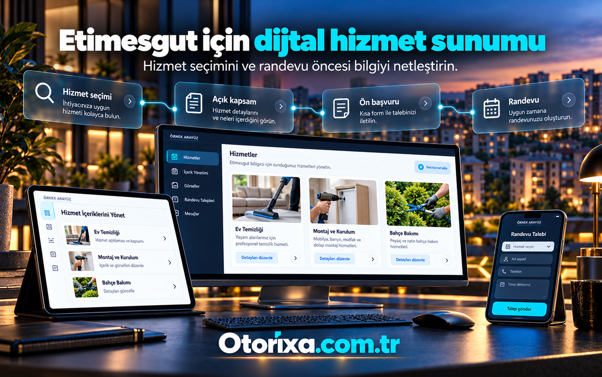 Hizmet seçenekleri sunan masaüstü web sayfası, tablet içerik paneli ve mobil randevu talebi ekranı.