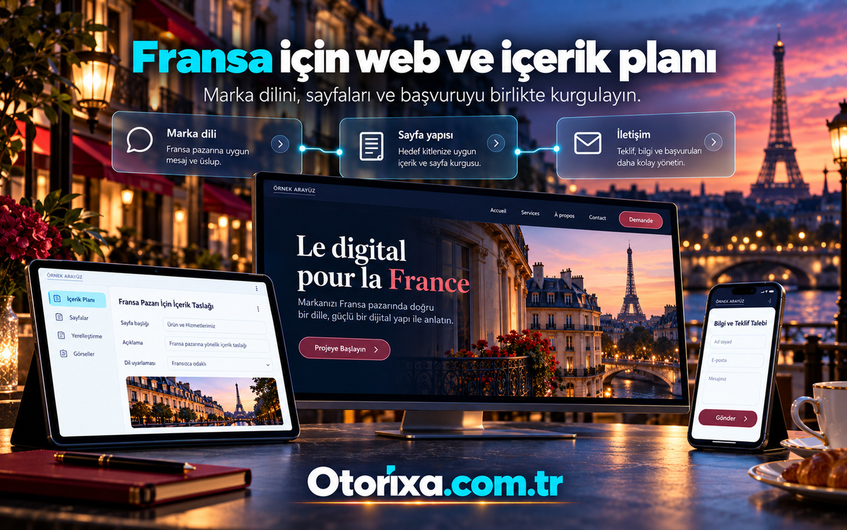 Fransa pazarı için web ve Fransızca içerik planı Paris ve Eyfel Kulesi fonunda marka web sitesi, Fransızca içerik düzenleme ekranı ve mobil iletişim sunumu.