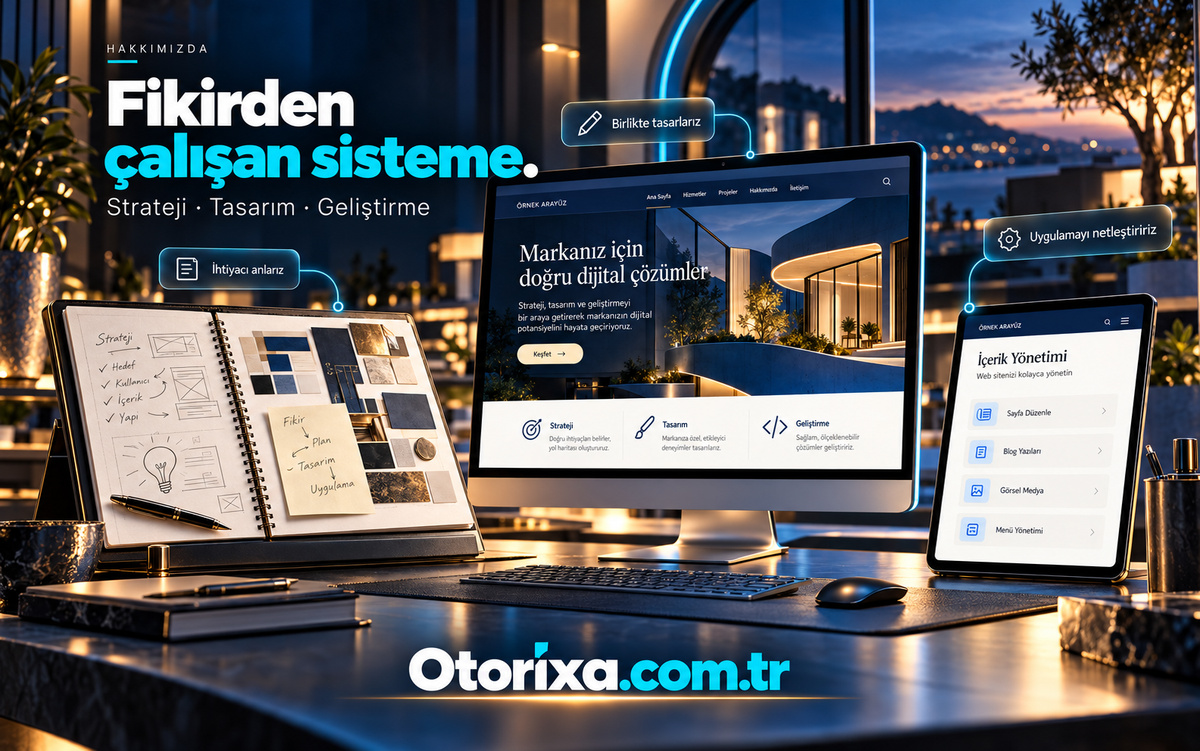 Otorixa strateji, tasarım ve geliştirme yaklaşımı Strateji defteri ve renk örneklerinin yanında web sitesi tasarımı ile tablet içerik yönetimi ekranı.