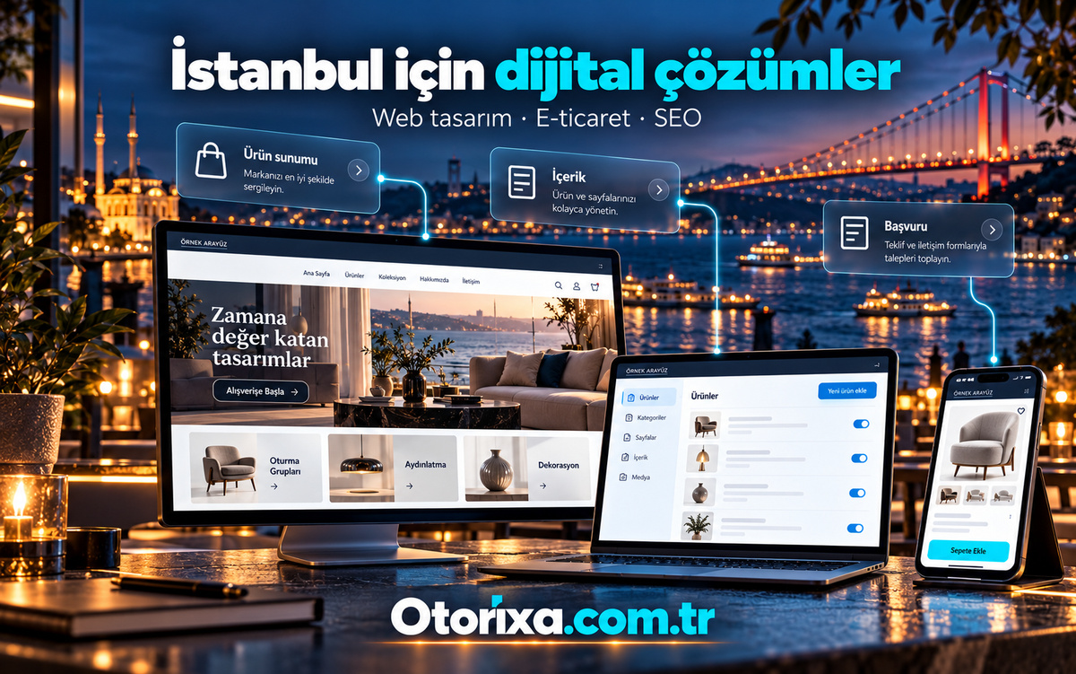 İstanbul için web tasarım ve ürün sunumu İstanbul Boğazı ve köprü silüeti önünde ürün kataloğu, içerik düzenleme ekranı ve mobil ürün sunumu.