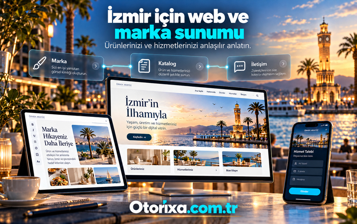 İzmir için web tasarım ve marka sunumu İzmir Saat Kulesi ve kıyı manzarası önünde marka sitesi, tablet içerik editörü ve mobil hizmet talebi formu.