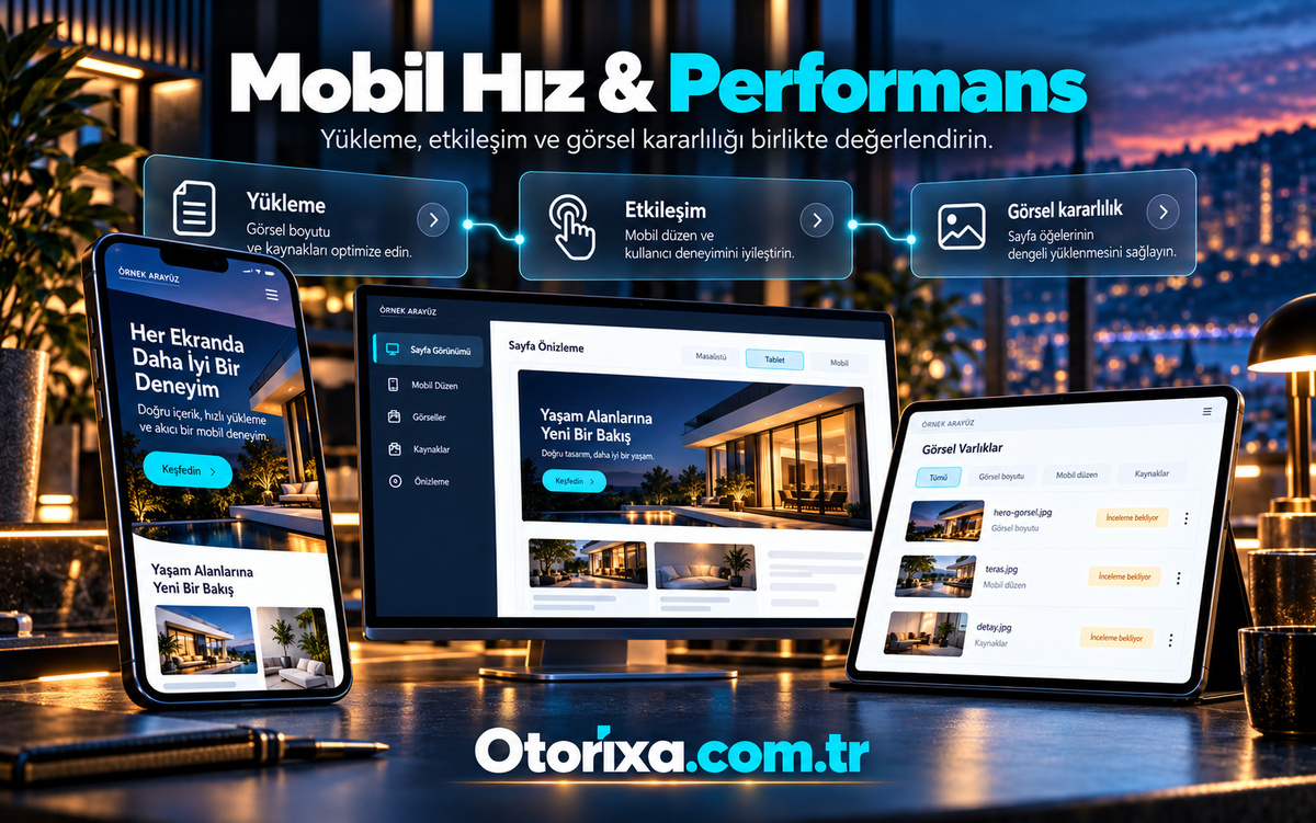 Mobil hız ve performans analizi Büyük mobil web sayfası, duyarlı sayfa önizlemesi ve görsel varlık panelinin üzerinde yükleme, etkileşim ve görsel kararlılık kartları.