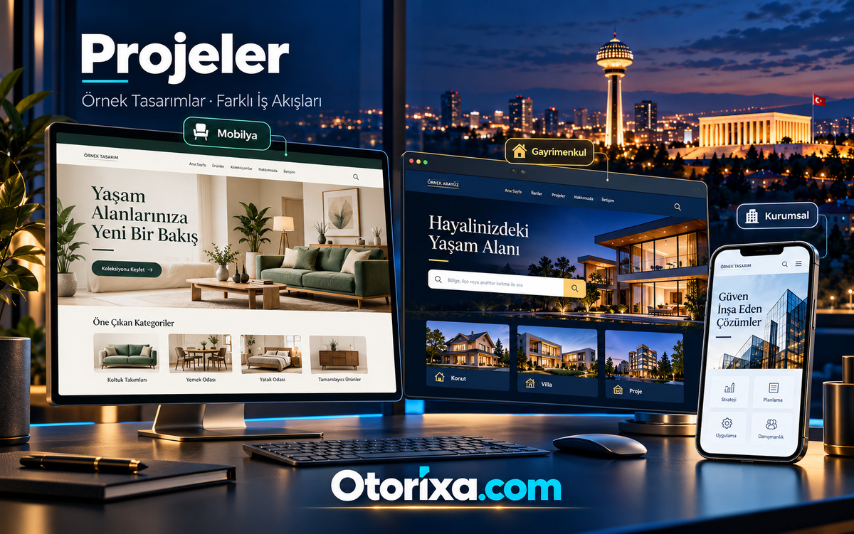 Mobilya mağazası, emlak ilan sitesi ve kurumsal hizmet sitesi için masaüstü ve mobil örnek web tasarımları.