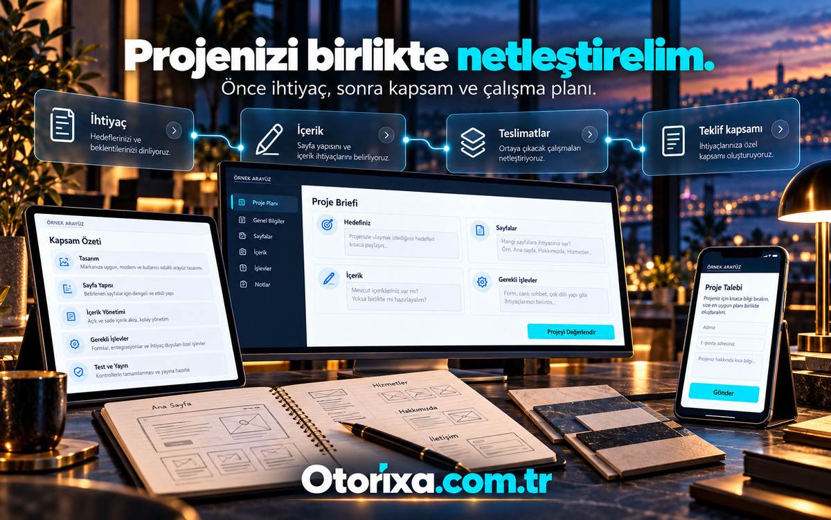Web projesi ihtiyaç ve kapsam planı Sayfa taslakları çizilmiş defterin yanında proje brifi paneli, tablet kapsam özeti ve mobil proje talebi formu.