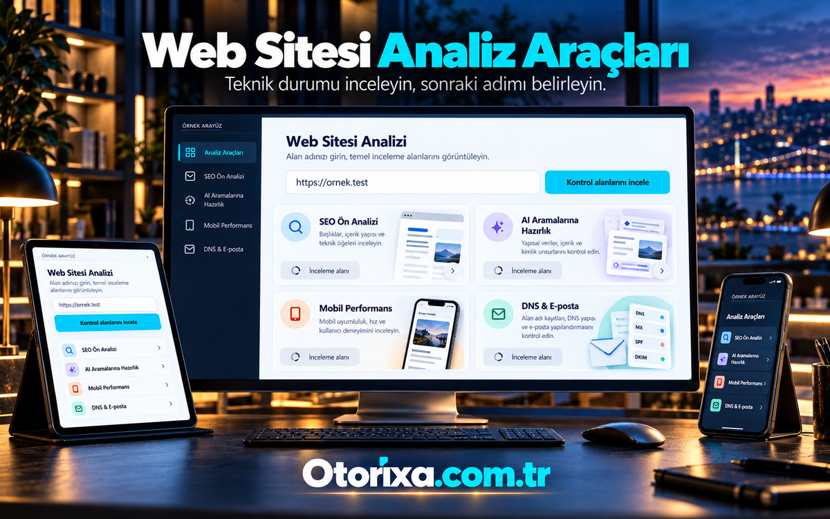 SEO, AI hazırlığı, mobil performans ve DNS e-posta kontrol kartlarını gösteren masaüstü, tablet ve mobil analiz ekranları.