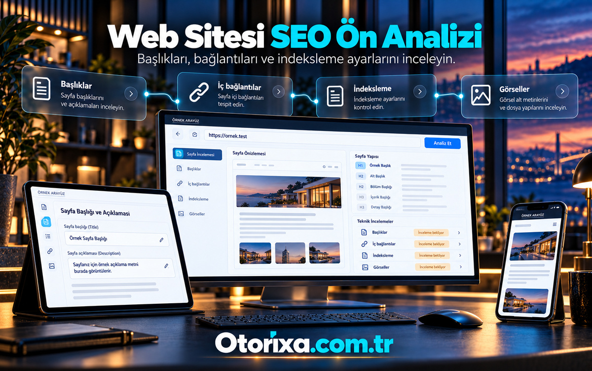 Web sitesi SEO ön analizi Başlıklar, iç bağlantılar, indeksleme ve görseller için inceleme alanları ile sayfa önizlemesi ve meta açıklama editörü.