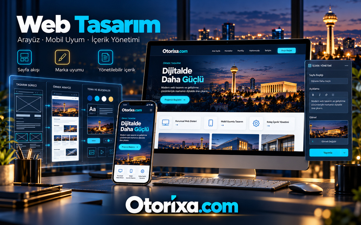 Mobil uyumlu web tasarım ve içerik yönetimi Kurumsal web sitesinin masaüstü ve mobil tasarımı ile sayfa planı ve içerik yönetimi ekranları.