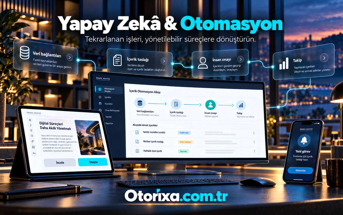 Yapay zekâ ve süreç otomasyonu Masaüstü işlem paneli, mobil onay ekranı ve formdan CRM kaydına uzanan otomasyon adımlarının birlikte sunumu.