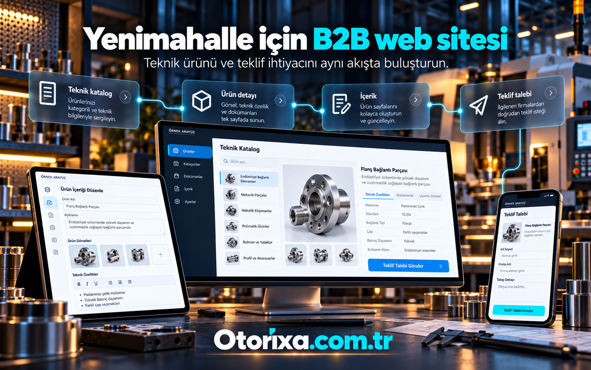 Üretim atölyesi fonunda flanş bağlantı parçası kataloğu, tablet ürün editörü ve mobil teklif talebi formu.